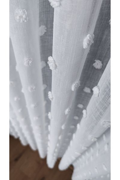 Yuka Ecru Linen Tulle Curtain with Flower Detail 1/3 Dense Pleats Does Not Crease Ironing Skirt with Lead