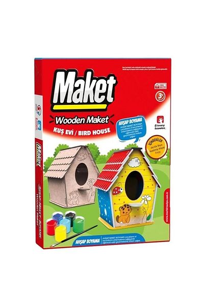 Hayal Sepeti Wooden Birdhouse Model Painting Set, 6 Paints and Brushes Included