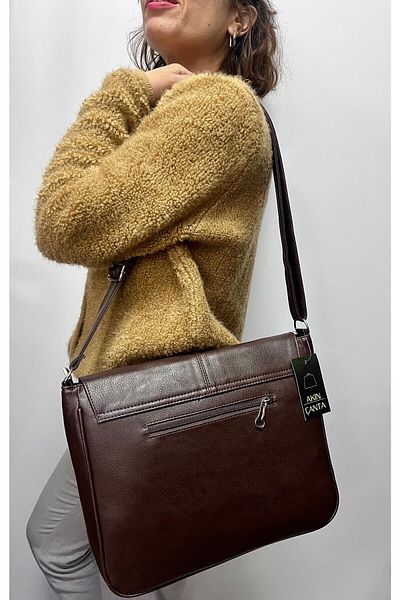 Akın Women's Dark Brown Color Large Size Covered Messenger Bag Non-Peel Leather
