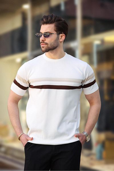 Madmext Ανδρικό μπλουζάκι White Crew Neck ριγέ E7412