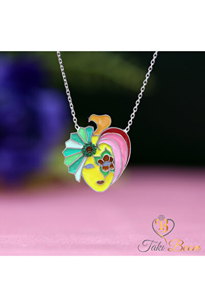 Takı Boom Gökkuşağı Gümüş Maske Kolye, Yeşil Taşlı Maske Kolye, Rodyum Kaplama