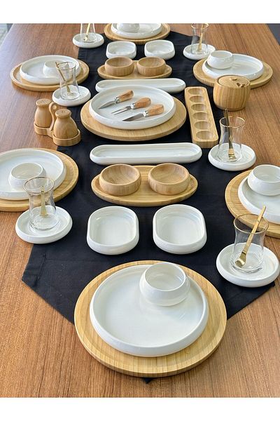 MD MİMOZA DEKOR Round Bamboo & White Hazelnut Set 60 Pieces for 6 People