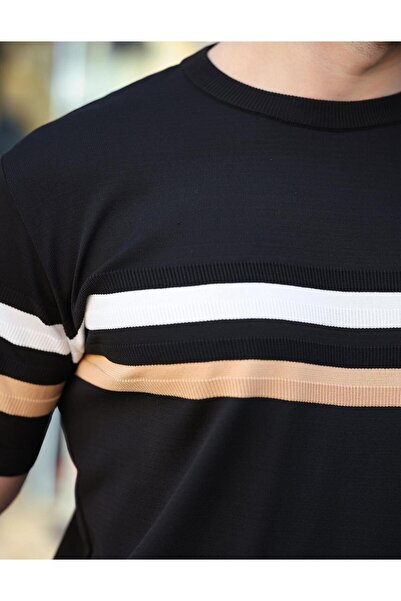 Madmext Ανδρικό μπλουζάκι με ριγέ μαύρο λαιμόκοψη E7412