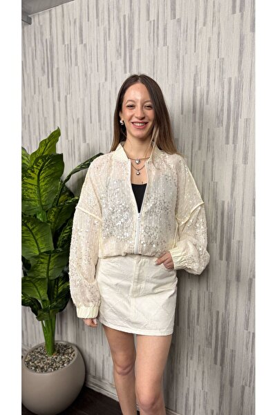 UTAB İthal Ekru Renk Pullu Fermuar Detaylı Ceket STD