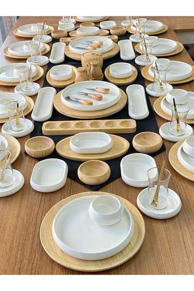 MD MİMOZA DEKOR Round Bamboo & White Breakfast Set for 12 People 112 Pieces