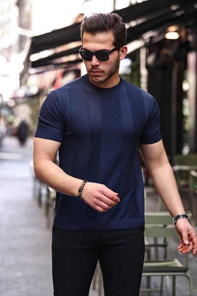 Pobudo Men's Short Sleeve Navy Blue Knitwear T-Shirt