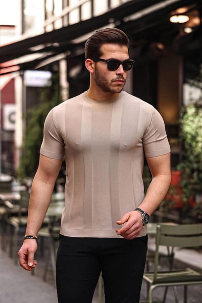 Pobudo Men's Knitwear T-Shirt - Mink Color, Short Sleeve