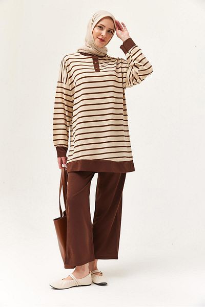 CALİENTE Buttoned Collar Striped Double Suit Brown