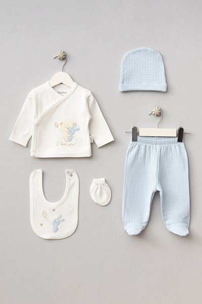 Bebitof Hugging Teddy Bear Patterned 5 Piece Newborn Hospital Outfit Set