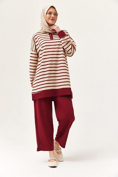CALİENTE Buttoned Collar Striped Double Suit Claret Red