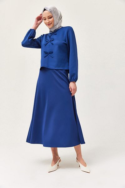 CALİENTE Scuba Double Suit with Bow Front and Skirt Navy Blue