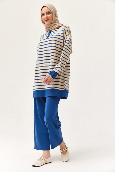 CALİENTE Buttoned Collar Striped Double Suit Navy Blue