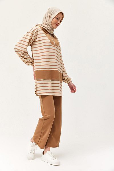 CALİENTE Zippered Striped Shirt Collar Suit Mink