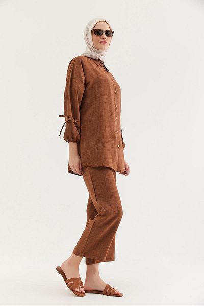 CALİENTE Sleeve Gathered Shirt Pants Double Suit Brown