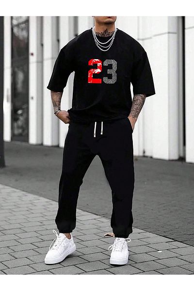 puolikuu 23 Printed Oversize Tshirt - Tracksuit Set - Top and Bottom Set