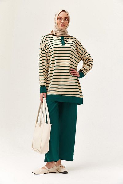CALİENTE Buttoned Collar Striped Double Suit Green
