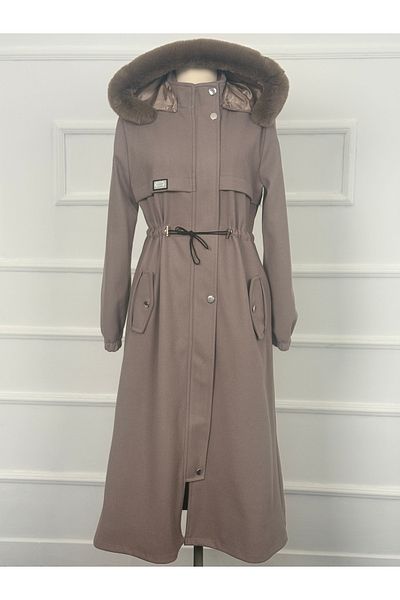 RACE FASHİON Hooded Lined Non-Pilling Women's Cashew Coat Rc5039