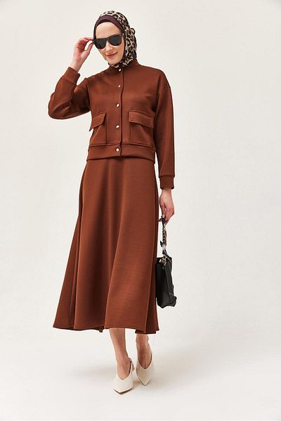 CALİENTE Scuba Double Suit with Metal Button Skirt Brown