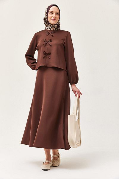 CALİENTE Scuba Double Suit with Bow Front and Skirt Brown