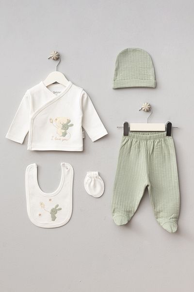 Bebitof Hugging Teddy Bear Patterned 5 Piece Newborn Hospital Outfit Set