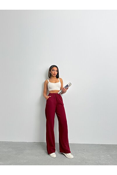 BEJNA Women's Burgundy Muslin Palazzo Trousers