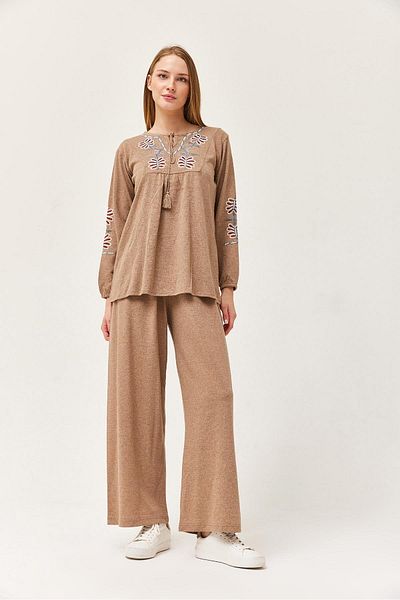 CALİENTE Front Embroidered Tasseled Double Suit Mink