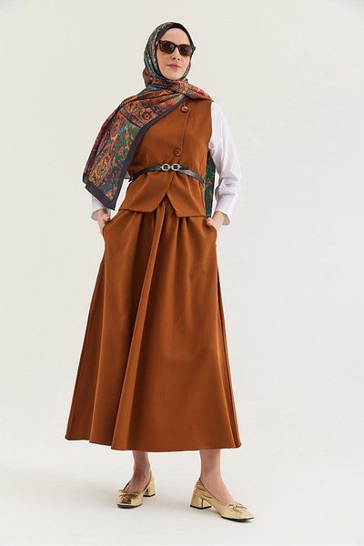 CALİENTE Belt Detailed Skirted Double Suit Brown