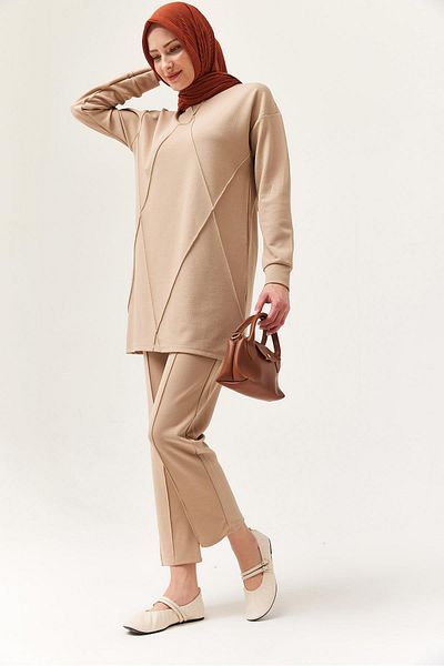CALİENTE Women's Cross Striped Double Suit Beige