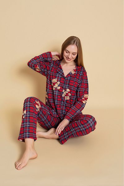 Sude HOMEWEAR طقم بيجامة منقوشة منقوشة على شكل دب للسيدات