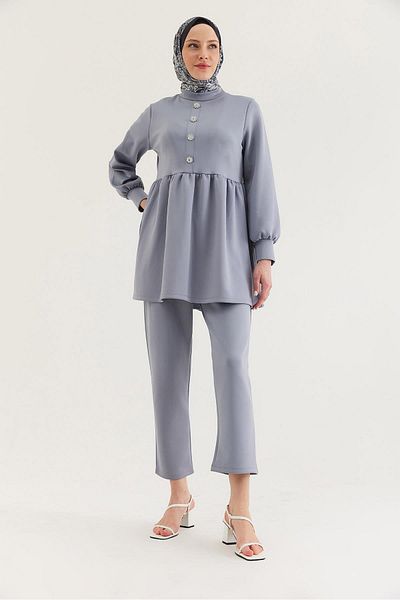 CALİENTE Stone Buttoned Scuba Double Suit Gray