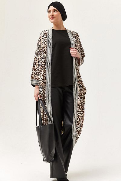 CALİENTE Oversize Stripe Detailed Kimono Cardigan Leopard