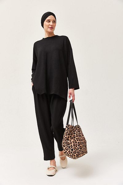 CALİENTE Relaxed Cut Crew Neck Double Suit Black