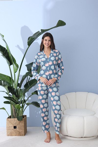 Pemilo Set pijama albastru pentru femei 30001 cu nasturi de lungime cu maneca lunga