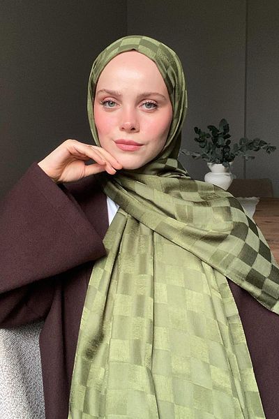 carell Tansu Olgun's Choice Checkers Jacquard Italian Silk Shawl Olive Green