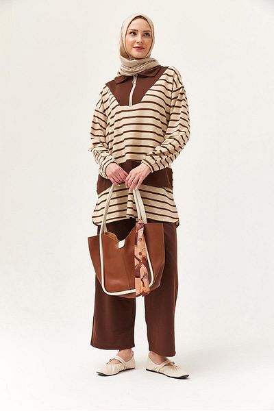 CALİENTE Zippered Striped Shirt Collar Suit Brown