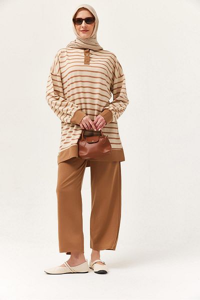 CALİENTE Buttoned Collar Striped Double Suit Mink