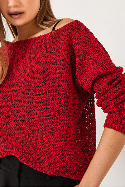 Bianco Lucci Women's Boat Neck Mesh Detail Openwork Knitwear Blouse 20251017