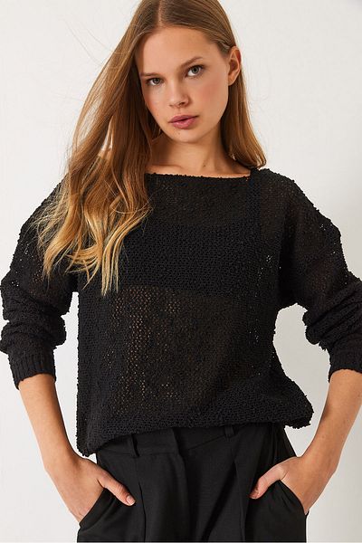 Bianco Lucci Women's Boat Neck Mesh Detail Openwork Knitwear Blouse 20251017