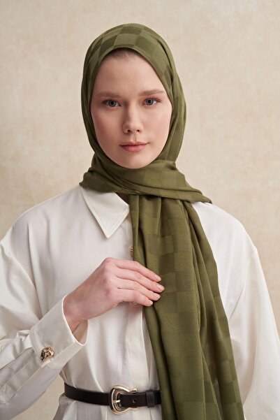 carell Checkers Jacquard Italian Silk Shawl Olive Green