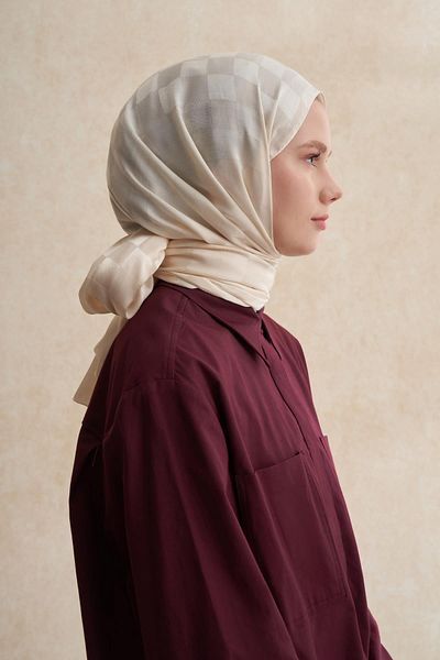 carell Italian Silk Checkers Jacquard Shawl - Pearl