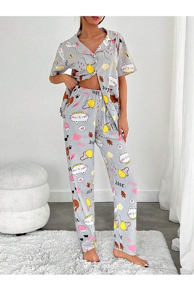 VG BOND MODA Print Buttoned Short Sleeve Single Jersey Women's Pajama Set - Vg138