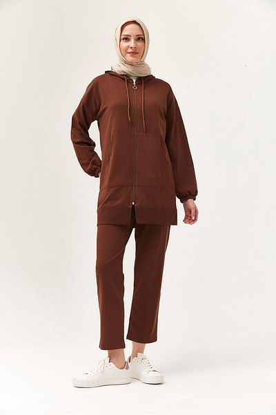 CALİENTE Women's Hooded Zippered Double Suit Brown