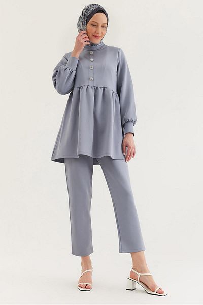 CALİENTE Stone Buttoned Scuba Double Suit Gray