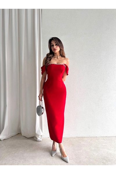 Afiş Butik Rochie roșie cu umăr strălucitor cu detaliu de piatră