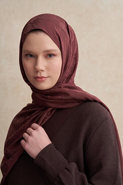 carell Red Brown Houndstooth Patterned Cotton Silk Shawl