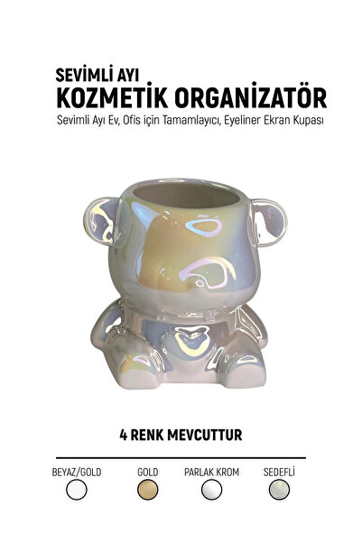 Venalisa Seramik Ayıcık Protez Tırnak Fırça Kutusu Standı Organizeri SEDEFLİ BEYAZ