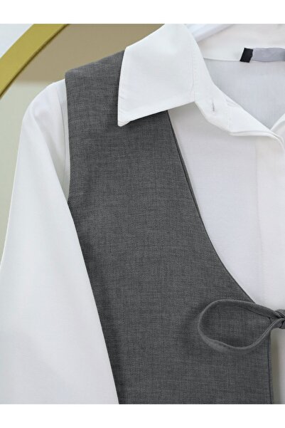 Modamorfo Yeleği Bağcıklı Bol Paça Pantolonlu İkili Keten Takım -Füme