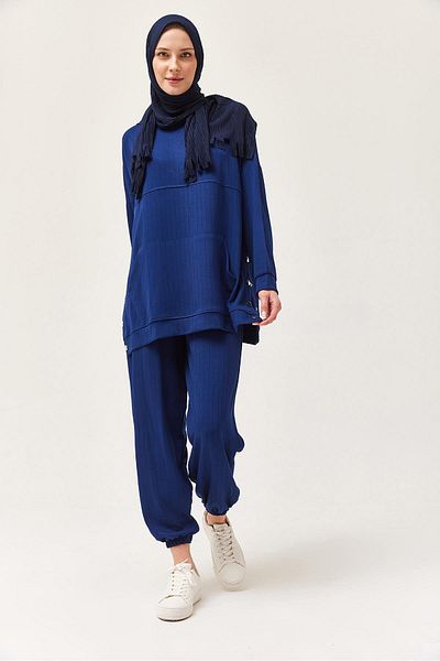 CALİENTE Snap Detail Hooded Double Suit Navy Blue