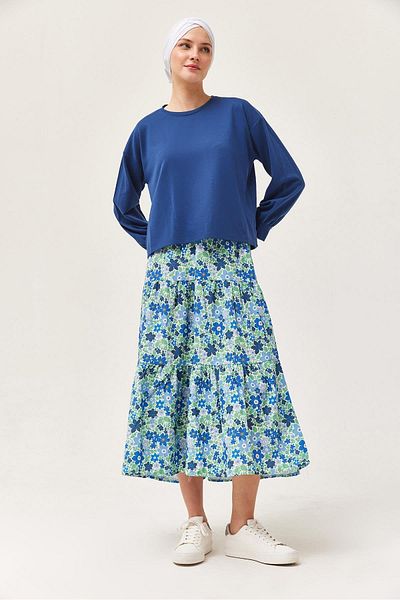CALİENTE Floral Patterned Skirted Double Suit Navy Blue