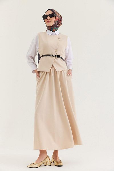 CALİENTE Belt Detailed Skirted Double Suit Cream